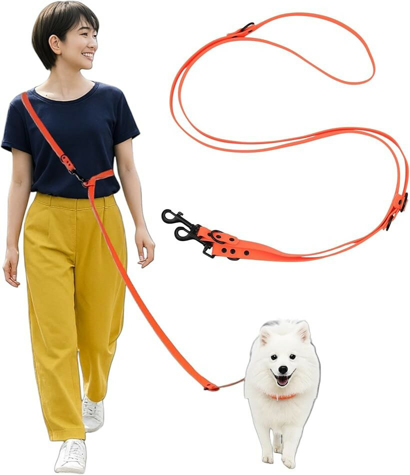 犬 リード 肩掛リード ショルダー 小型犬 中型犬用 ハンズフリー 2.45m 散歩 多機能 たすき掛け 防水 防汚 アウトドア (オレンジ, 幅16mm/8～20kg推奨)