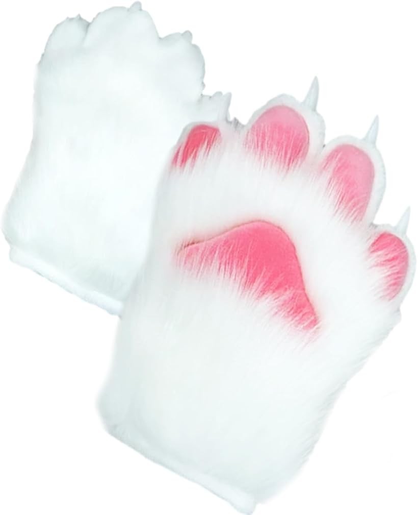猫の手 コスプレ 着ぐるみ もこもこ キャットグローブ 肉球 爪付き 猫耳手袋 大人 仮装 (ホワイト, Free Size)
