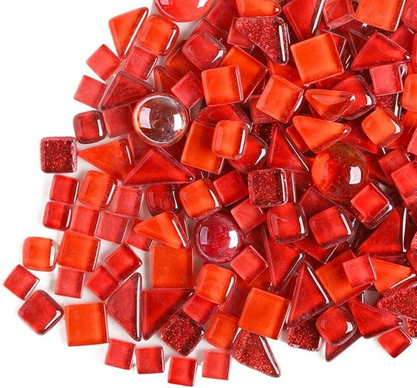 モザイクタイル ガラス 500g 不揃い 大容量 サイズ混合 ハンドメイド デコレーション 工作 陶器 四角 丸 (レッド)
