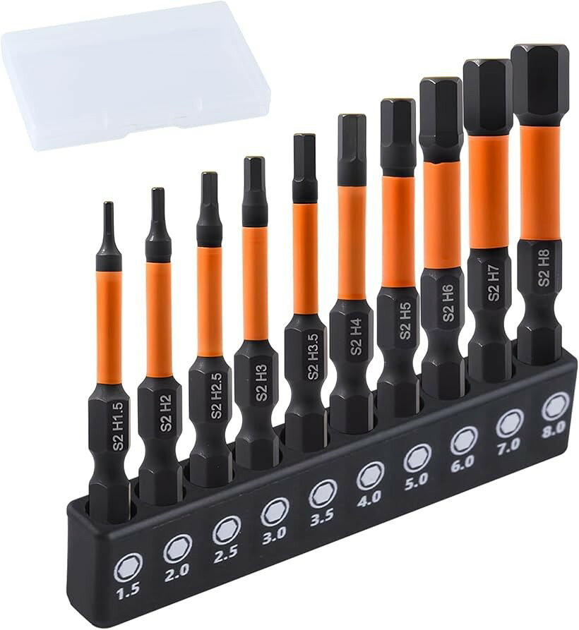 バリエーションコード : 2butgupdd6商品コード2buod5ifyx商品名六角レンチ ビット 10個 メートル 1.5-8mm 六角レンチドリルビットセット 精密 磁気六角シャンクS2スチール 6.35mm 六角軸 差し替え ねじ締めドリルブランドLEONTOOLカラーオレンジサイズ等長さ50mmパッケージ内容:10個メートル法-1.5mm、2mm、2.5mm、3mm、3.5mm、4mm、5mm、6mm、7mm、8mm。1/4インチクイックリリース六角シャンク、長さ2インチ。複数のサイズがさまざまなニーズを満たします。各セットにはビットホルダーと収納ボックスが付属しており、持ち運びや保管が簡単です。高強度素材:プレミアムS2合金鋼製で、硬化および焼き戻し、リン酸塩処理、黒色表面処理、防錆、耐衝撃性、耐摩耗性があり、性能が長持ちします。識別しやすい明確なレーザーマーク。鮮やかな色の断熱プラスチックシースは漏れを防ぐことができます。より強力なマグネットビット: 磁気六角ドライバービットには強力な磁石が付いており、滑ることなく、より多くのネジを簡単かつ迅速に拾って保持できます。長期間使用しても磁気が減衰しません。1/4 インチ六角シャンク: 1/4 インチの六角シャンクを備えたこの六角ドライバー ビットは、ドライバーやインパクト ドリルで使用できます。衝撃衝撃吸収ゾーンは、トーションセクションが負荷がかかっても曲がるように設計されており、ドリルチップへの圧力を軽減して高トルクピーク時の安定性を高め、ねじれや破損のリスクを抑えます。幅広い用途:自動車、修理、トラック、自動車、エンジン、オートバイ、インテリア、ダッシュボード、コンピューター、ケーブルボックス、おもちゃ、電化製品、家庭用電化製品に広く使用されています。※ 他ネットショップでも併売しているため、ご注文後に在庫切れとなる場合があります。予めご了承ください。※ 品薄または希少等の理由により、参考価格よりも高い価格で販売されている場合があります。ご注文の際には必ず販売価格をご確認ください。※ 沖縄県、離島または一部地域の場合、別途送料の負担をお願いする場合があります。予めご了承ください。※ お使いのモニタにより写真の色が実際の商品の色と異なる場合や、イメージに差異が生じることがあります。予めご了承ください。※ 商品の詳細（カラー・数量・サイズ 等）については、ページ内の商品説明をご確認のうえ、ご注文ください。※ モバイル版・スマホ版ページでは、お使いの端末によっては一部の情報が表示されないことがあります。すべての記載情報をご確認するには、PC版ページをご覧ください。LEONTOOL インパクト ヘックスヘッド アレンレンチ ドリルビットセットをご紹介。10種類のビットを収録したこのセットは、多様なプロジェクトに対応可能な総合的なコレクションです。プレミアムS2鋼から製造されたこれらのヘックスビットは、過酷な使用条件にも耐えうる耐久性を備え、長期にわたる性能を発揮します。セットには10種類のメトリックサイズが含まれており、DIY愛好家、メカニック、プロフェッショナルなど、あらゆるユーザーに適した汎用性の高い選択肢です。1/4インチのヘックスシャフトを採用しているため、ほとんどの標準的なドリルやドライバーと互換性があり、ヘックスソケットネジの効率的かつ精密な締め付けが可能です。長さ2インチの設計により、アクセスが難しい場所にも十分な到達距離を確保します。磁気チップを採用したビットは、ビットの脱落を防ぎ、作業効率を向上させます。作業スペースを整理整頓するために、セットには便利なビットホルダーが付属し、容易なアクセスと収納を可能にします。住宅改修プロジェクト、自動車修理、または産業用アプリケーションなど、あらゆる場面でLEONTOOL インパクト六角頭アレンキードリルビットセットは、ツールキットに欠かせないアイテムです。