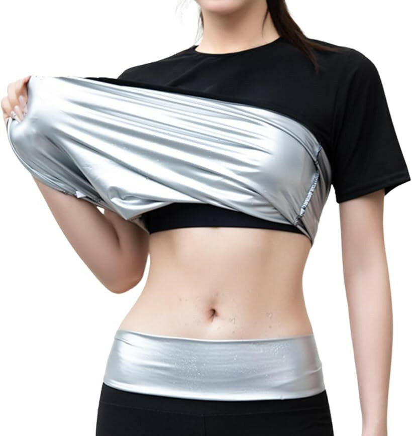 サウナスーツ 半袖 Tシャツ レディース 大きいサイズ インナー 発汗 トレーニング ウェア 伸縮 ストレッチ 洗濯可 (ブラック, L)の商品画像