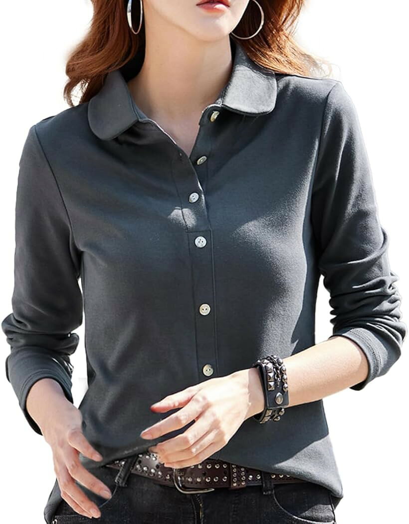 シャツ レディース ゴルフウェア お洒落 テニス スポーツ ストレッチ 秋冬 韓国 (ダークグレー, L)