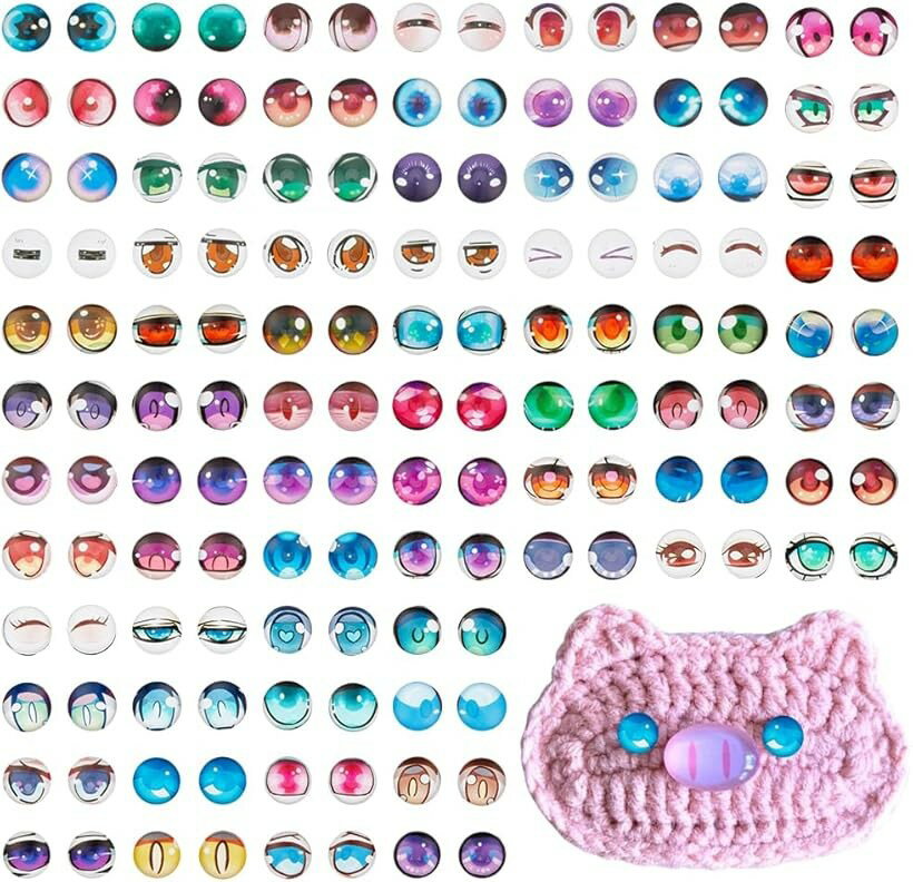 目柄 ガラスカボション 144個 12mm 平底 ガラスアイカボション 平底ガラスカボション ドーム型 カラフルアニメ風アイ デコパーツ 彫刻 プロップス クラフト DIYジュエリー用