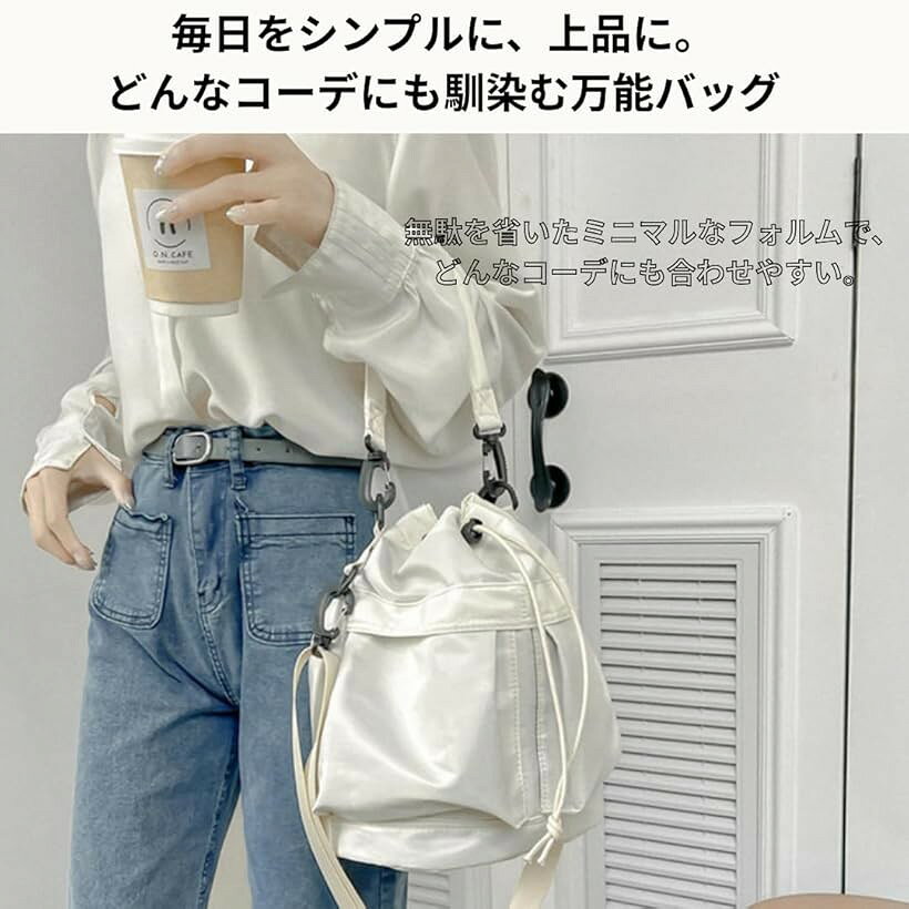 エムラインストアの巾着バッグ ショルダーバッグ トートバッグ レディース メンズ 巾着型 ナイロン 斜めがけ ハンドバッグ シンプル 軽量 防水 バケツバッグ 人気 2way 肩掛け (ブラック)｜アングル3