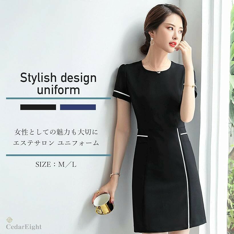 エムラインストアのエステサロン ユニフォーム レディース 美容 ナース服 受け付け 制服 半袖 ワンピース (ネイビーブルー, M)｜アングル3