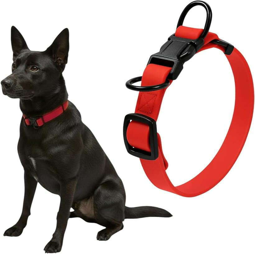 犬 首輪 ダブルリング 首周り42～63cm 幅2.5cm 中型犬 大型犬 PVC 犬用 防水 防汚 アウトドア (レッド, ML（首周り42～63cm 幅2.0cm))