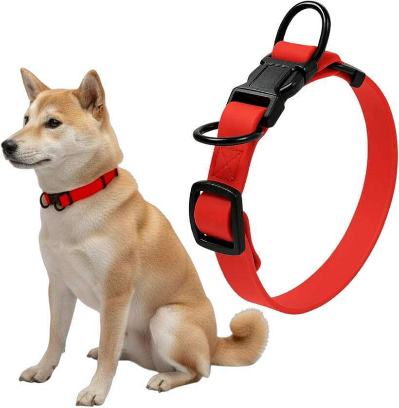 犬 首輪 ダブルリング 首周り42～63cm 幅2.5cm 中型犬 大型犬 PVC 犬用 防水 防汚 アウトドア (レッド, M (首周り34～48cm/幅2.0cm))