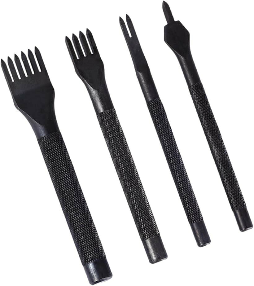 4点セット 菱目打ち丸穴 ポンチセット レザークラフト 革細工 穴あけ間隔 縫い穴 打ち具 (黒, 3mm)