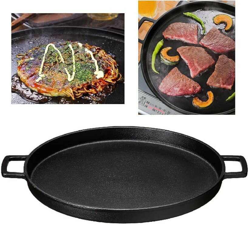 商品コード2brfplcgko商品名鉄板 丸形 約35cm 本格 鉄鋳物製 お好み焼き 焼肉 ステーキ 焼きそば もんじゃ焼き ガス火 IH対応 厚み 鉄鋳物製 冷めにくいブランドイニコライフカラーブラックサイズ等縦42cmx横35cmx厚さ3cm「しっかり厚み5mm/本格 鉄鋳物製 鉄板」色々な食材が焼ける大き目35cmサイズ/高温加熱で旨みを閉じ込めいつものお料理を更に美味しく。しっかりお手入れして使い込んでいただく内に徐々に馴染むのも鉄鋳物製の魅力です。「外はカリッと中はジューシー。」お好み焼き 焼肉 ステーキ 焼きそば もんじゃ焼きなど色々なお料理が楽しめます。お家ごはんはもちろん、BBQやアウトドアにも最適です。水気を拭きとってから油を薄く塗り、弱火～中火でご使用ください。サイズ:幅35(持ち手を含むと約42cm)x奥行35x高さ3x厚み0.5cm 重さ:約3.2kg (しっかりとした重さがありますのでご注意ください) 材質:鉄鋳物ご注意 ＊使い始めは油がゆきわたらないので、料理が焼き付く場合があります、2、3回使い込むと焼き付きにくくなります。＊ガス火の火力は中火もしくは弱火でご使用ください。＊熱した本体に冷水をかける等、急激な温度変化を与えないでください。変形・割れの原因になります。＊料理を本体に入れたまま保存しないでください。食品が変色したり、サビが出たりします。＊カセットコンロに置くときボンベカバーの上に本体がかぶさらないようにセットしてください。＊カセットコンロが小さく、本体がはみ出してバランスが悪いコンロでのご使用はお止めください。＊電子レンジ不可＊IH調理器でご使用の場合は、必ず中央に置いてください。＊IH調理器の機種によってご使用できない場合があります。＊重さのある商品ですのでガスコンロなどでもご使用場所にはご注意ください。＊ご使用前にご使用上の注意を十分にお読みください。ご使用後のお手入れ ＊ご使用後は中性洗剤で洗浄し、水気を拭き取り弱火で空炊きし、食用油を薄く引いて保管してください。サビ止めに効果的です。タンニン鉄について ＊まれに食材が黒く変色する場合がありますが、鉄と食材に含まれるミネラル分(タンニンポリフェノール等)が化合して起こるものですので人体には無害です。※ 他ネットショップでも併売しているため、ご注文後に在庫切れとなる場合があります。予めご了承ください。※ 品薄または希少等の理由により、参考価格よりも高い価格で販売されている場合があります。ご注文の際には必ず販売価格をご確認ください。※ 沖縄県、離島または一部地域の場合、別途送料の負担をお願いする場合があります。予めご了承ください。※ お使いのモニタにより写真の色が実際の商品の色と異なる場合や、イメージに差異が生じることがあります。予めご了承ください。※ 商品の詳細（カラー・数量・サイズ 等）については、ページ内の商品説明をご確認のうえ、ご注文ください。※ モバイル版・スマホ版ページでは、お使いの端末によっては一部の情報が表示されないことがあります。すべての記載情報をご確認するには、PC版ページをご覧ください。鉄鋳物製のプレートで保温性が高く冷めにくいので、本格的なお好み焼きや焼肉料理が楽しめます。しっかり厚みがあり、やわらか加熱で加熱ムラも少ない。ガス火やIHでも使えて便利。鉄鋳物ならではの使い込む程に油が馴染み、焼きつきにくくなります。