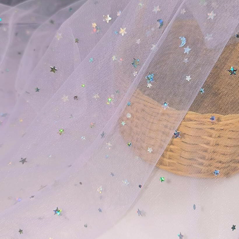 星 月 ソフトチュール 生地 1way 幅140cm オーロラ ラメ 透ける 布 薄手 (ライトパープル, 3m)