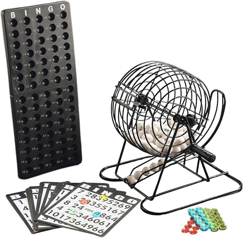 賓果 - 《回すだけで盛り上がる》 ビンゴゲームセット ハンドル式抽選器 カード ボールセット パーティー (ブラック)
