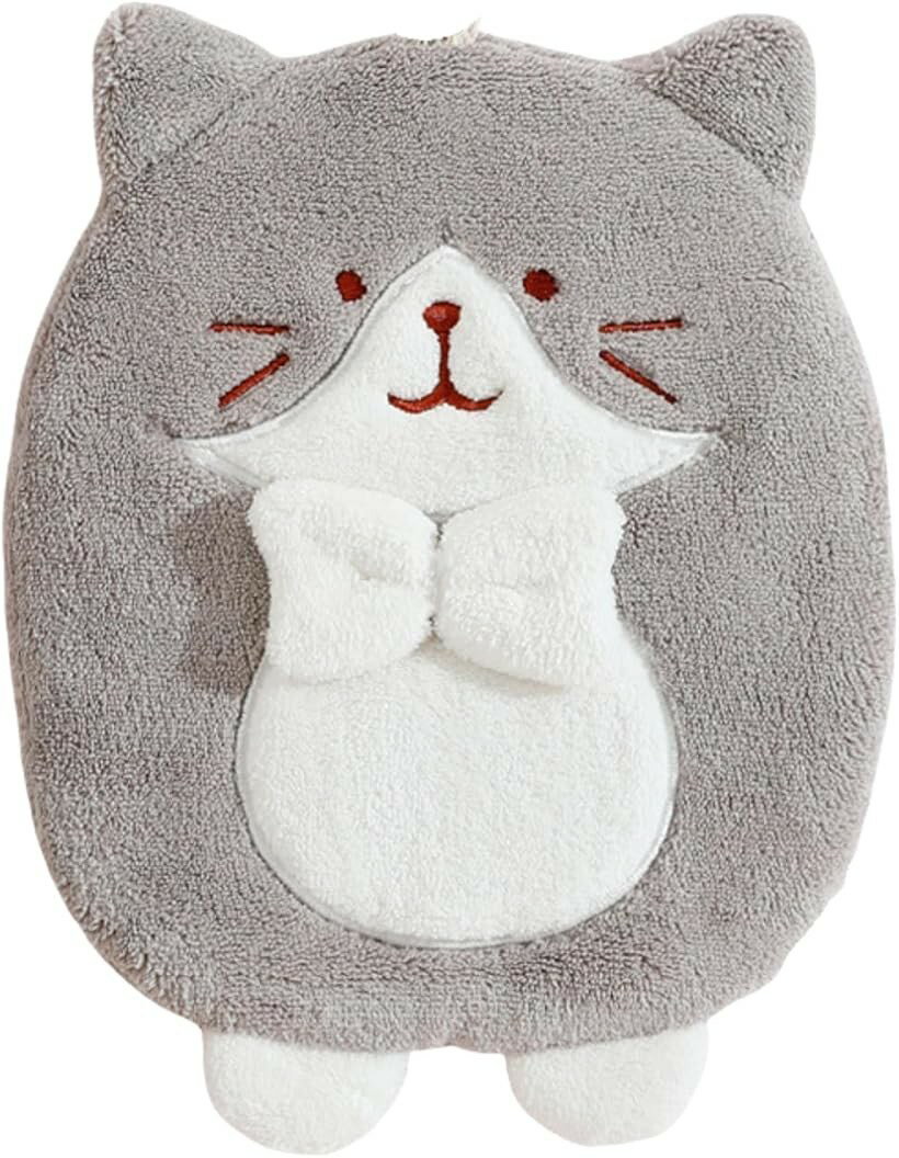 ハンドタオル 猫 ループ付き マイクロファイバー 吸水速乾 ふわふわ ミニタオル ねこ (グレー, 19x25cm)