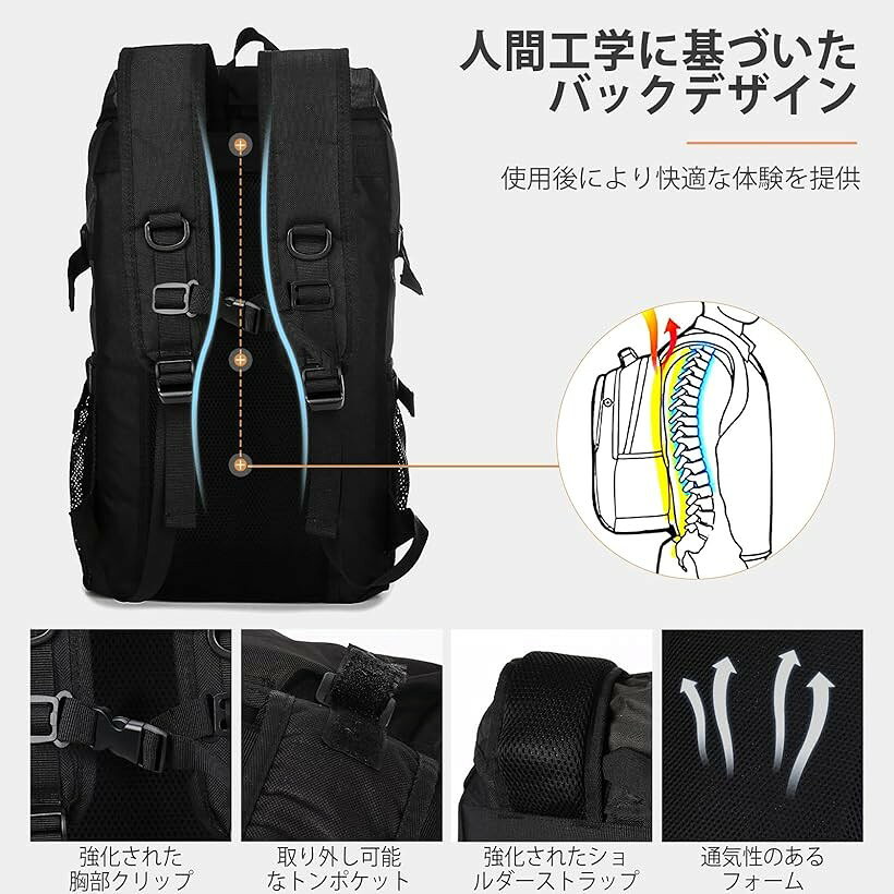 リュック 大容量 45L/60L 防災リュック 避難バッグ 防水 非常用持ち出し袋 15.6インチPC収納 多機能 耐摩耗 丈夫 旅行 出張 キャンプ アウトドア (60Lブラック, 60L) mlinestore-10250534 エムラインストア サンプル画像3