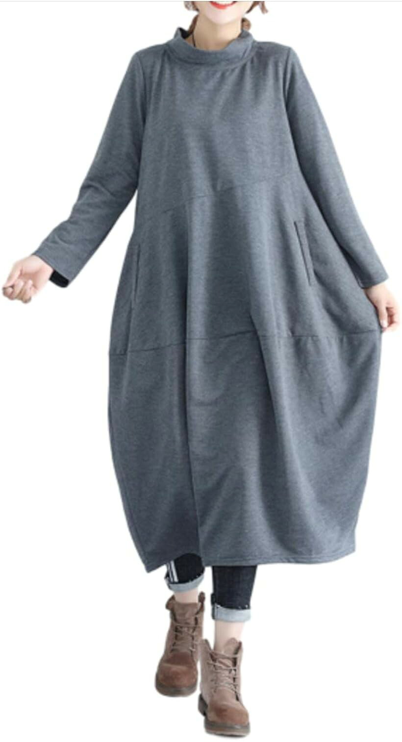 ゆったりワンピース 部屋着 レディース コクーン ハイネック ミモレ丈 冬 秋冬 服 ...