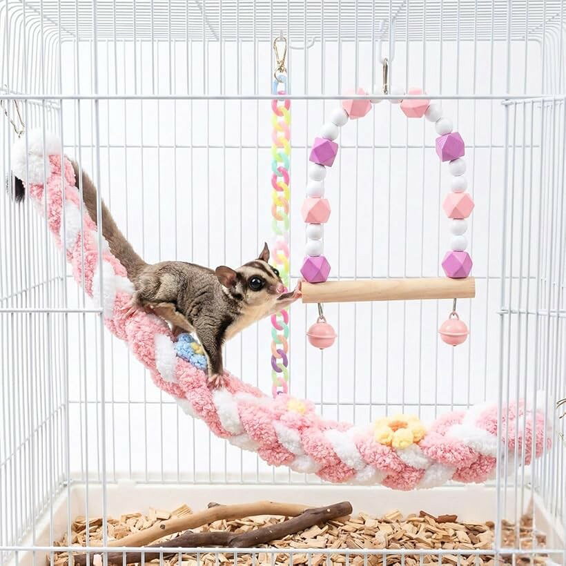 モモンガ おもちゃ 小動物 遊び場 ロープ ブランコ 吊り下げ 玩具 3点セット (ピンク)
