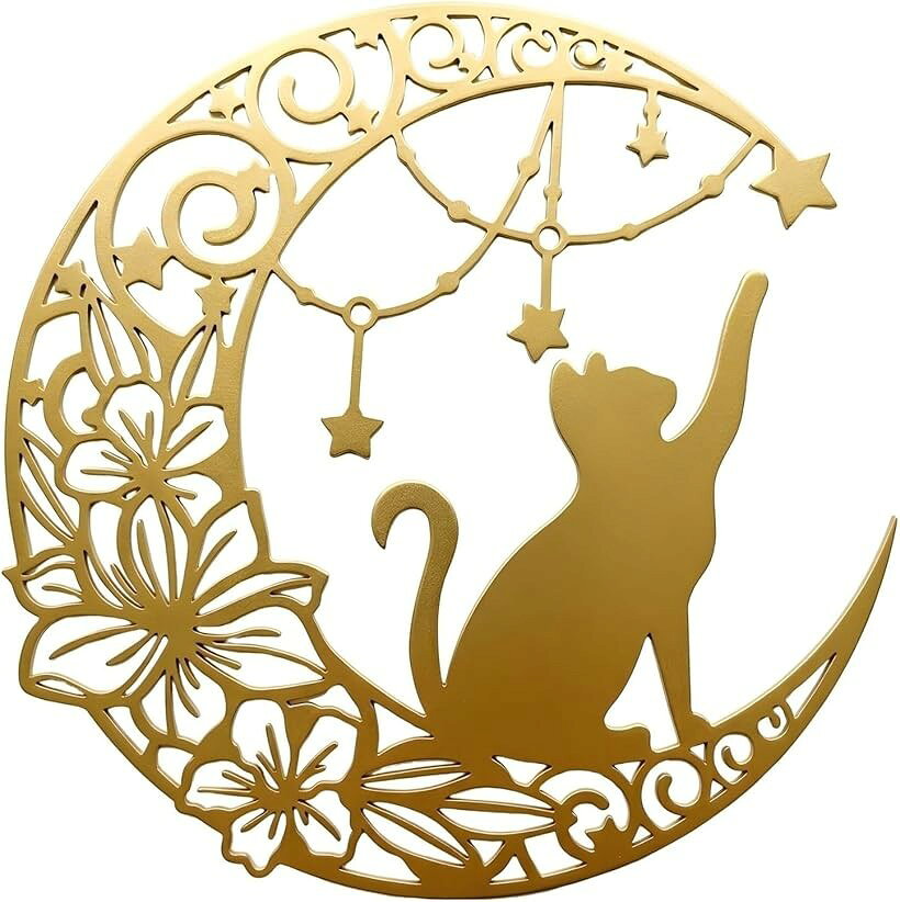 壁飾り 壁掛け インテリア ウォールアート アンティーク 北欧風 猫 星 月 モチーフ 金属 (ゴールド, 大きめ)
