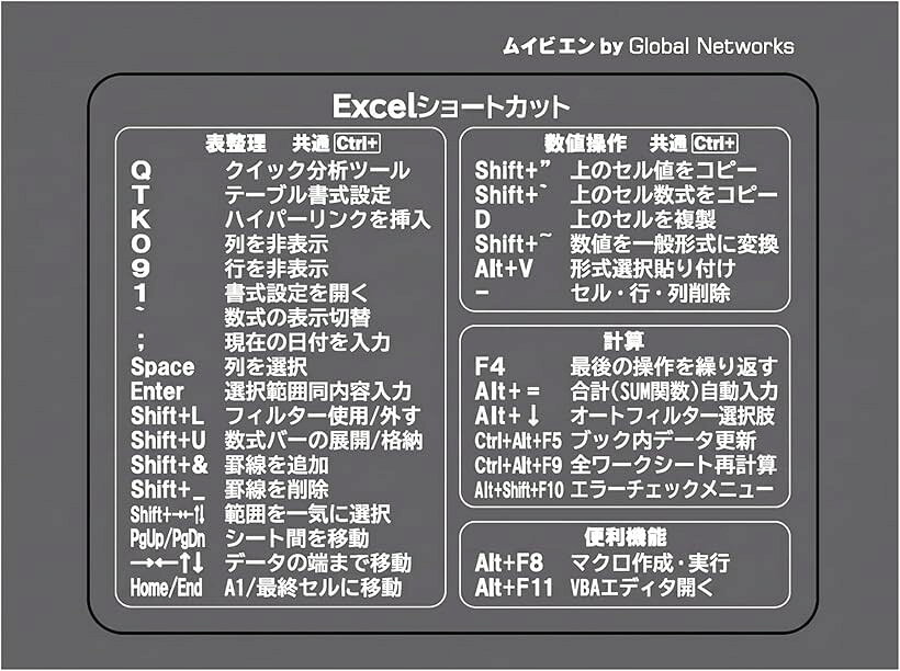 ムイビエン Excel ショートカット早見表 カードタイプ｜作業効率アップ キーボード操作一覧｜デスク用 学習用 ミニチートシート｜初心者～上級者対応｜オフィス 事務 作業効率化 (ホワイト, Excelグレー1枚)