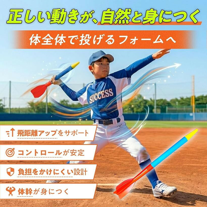 エムラインストアのREG8STYLE投球練習 野球 やり投げ 柔道整復師監修 トレーニング フォーム改善 ライトジャベリン 300g 70cm 投てき ピッチング 少年野球 子供 大人 軽量 安全設計 (レッド/ブルー/イエロー, 中)｜アングル2