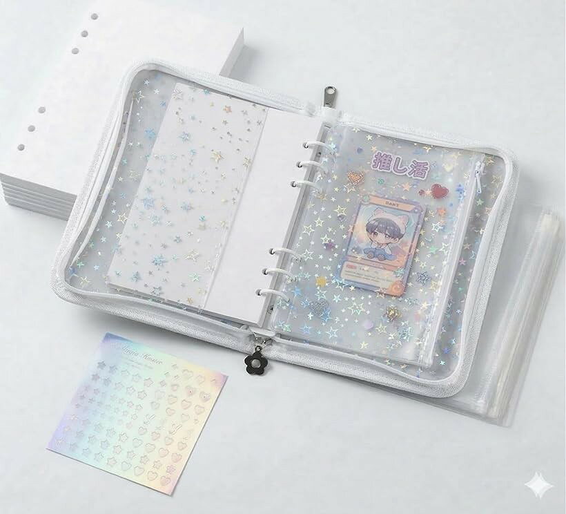 バリエーションコード : 2bru0o8826商品コード2bru08jjgw商品名ArkreaMシール帳 大きめ a5 推し活ファイル 透明 収納 かわいい 女の子 はがせる ファスナー バインダー 6穴 剥離紙 140ページ 70枚 大容量ブランドArkreaMカラークリスタルクリア「心躍る星屑ホログラムと洗練された5色の輝き」 星屑のようなホログラムが輝くバインダー。角度によって虹色に表情を変えるカバーは、大切なコレクションをより美しく、鮮やかに演出します。カラーは、クリスタルクリア、サクラピンク、アクアブルー、ジェットブラック、ラベンダーパープルの5色をご用意。大人可愛いデザインで、手にするたびに心が躍る「自分だけの宝箱」として、日常に彩りを添えます。「届いてすぐ整理できる圧巻の合計140ページ分セット」 合計140ページ分を誇る大容量セットです。従来の製品とは一線を画すボリュームで、集めすぎたシールやカードもこれ一冊にスッキリまとまります。セット内容は、両面使える「加厚離型紙」50枚（100ページ分）と、収納に便利な「ポケットリフィル」20枚（40ページ分）。追加リフィルを買い足す手間なく、届いたその日から本格的なファイリングを開始できる、コレクターに嬉しい充実の構成です。「多彩なニーズに対応する高品質な2種類のリフィル」 剥離紙は裏写りしにくい厚手素材を採用し、何度でも貼り直しが可能です。フレークシールの整理に使いやすく、透明度の高いポケットリフィルは、2ポケットと4ポケットの2タイプを同梱。大判ステッカーからトレーディングカード、チェキ、切り抜きまで、サイズを選ばず美しく保護・鑑賞できます。お気に入りのコレクションを自由にレイアウトして、世界に一つだけの自慢のファイルを作ることが可能です。「持ち運びに便利なA5サイズとフルファスナー設計」 実用性と携帯性を両立したA5サイズ設計。デスクでの整理はもちろん、オフ会やイベントへの持ち運びにもちょうど良いサイズ感です。また、大切な中身を守るために「落下防止のファスナー式」を採用しました。ボタン式とは異なり、小さなシールや小物が隙間から落ちる心配がなく、カバンの中でも勝手に開くことがないため、デリケートなステッカーやカードを良い状態で保管・持ち運びいただけます。「お花型シルバーチャームが光る細部へのこだわり品質」 引手にはシルバーの「お花型チャーム」をあしらい、大人っぽさと可愛らしさを両立したアクセントに仕上げました。6穴リングは丈夫な金属製を採用し、リフィルの追加や入れ替えもスムーズ。バインダー本体は耐久性に優れ、長く愛用できる品質です。お客様の「宝物」を長期にわたり守り続けるために、パーツ一つひとつの質感と使い心地に徹底的にこだわり、誇りを持って製造しています。※ 他ネットショップでも併売しているため、ご注文後に在庫切れとなる場合があります。予めご了承ください。※ 品薄または希少等の理由により、参考価格よりも高い価格で販売されている場合があります。ご注文の際には必ず販売価格をご確認ください。※ 沖縄県、離島または一部地域の場合、別途送料の負担をお願いする場合があります。予めご了承ください。※ お使いのモニタにより写真の色が実際の商品の色と異なる場合や、イメージに差異が生じることがあります。予めご了承ください。※ 商品の詳細（カラー・数量・サイズ 等）については、ページ内の商品説明をご確認のうえ、ご注文ください。※ モバイル版・スマホ版ページでは、お使いの端末によっては一部の情報が表示されないことがあります。すべての記載情報をご確認するには、PC版ページをご覧ください。