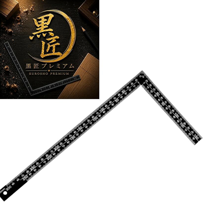 商品コード2bkh4692jt商品名黒匠プレミアム 曲尺 さしがね 直角定規ブランドCrystal craftカラーブラックサイズ等300mmx150mm「漆黒アルミ製プロ向けさしがね黒匠プレミアム」表裏両面にレーザー刻印された目盛りを搭載しているので、暗い作業環境でも高コントラストで正確に読み取れます。「持ち運びやすい薄型設計」厚み2mmのスリム設計なので、工具袋や腰袋に入れても他の工具の邪魔になりません。「1mm単位で正確計測」1mm刻みの細かい目盛りが白色レーザーで刻印されているので、精密な寸法確認が必要な細かい作業にも対応できます。「誤差±0.1mmの直角精度」本体重量140gと軽量なので、長時間の墨付け作業でも手への負担を抑えて使い続けられます。「職人仕様の直角精度」±0.1mmの高精度直角を維持しているので、木工や金属加工など精密さが求められる現場での位置合わせを正確に行えます。※ 他ネットショップでも併売しているため、ご注文後に在庫切れとなる場合があります。予めご了承ください。※ 品薄または希少等の理由により、参考価格よりも高い価格で販売されている場合があります。ご注文の際には必ず販売価格をご確認ください。※ 沖縄県、離島または一部地域の場合、別途送料の負担をお願いする場合があります。予めご了承ください。※ お使いのモニタにより写真の色が実際の商品の色と異なる場合や、イメージに差異が生じることがあります。予めご了承ください。※ 商品の詳細（カラー・数量・サイズ 等）については、ページ内の商品説明をご確認のうえ、ご注文ください。※ モバイル版・スマホ版ページでは、お使いの端末によっては一部の情報が表示されないことがあります。すべての記載情報をご確認するには、PC版ページをご覧ください。x ブランド名　黒匠プレミアム（KUROSHO PREMIUM） x 本体サイズ　300mmx150mm x ボディカラー　漆黒（ブラック） x 素材　アルミ合金 x 表面仕上げ　ブラックアルマイト加工（傷・汚れに強い） x 目盛り印字方式　高精度レーザー刻印（摩耗しにくい） x 目盛り視認性　漆黒ボディx白色刻印による高コントラスト設計 x 対応環境　暗い現場・屋外作業・DIY・SNS撮影 x 用途　大工・建築・木工・DIY全般