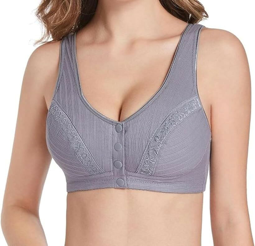 前開きブラジャー 乳がんパッド対応 綿素材 レディース (ストーングレー, L)