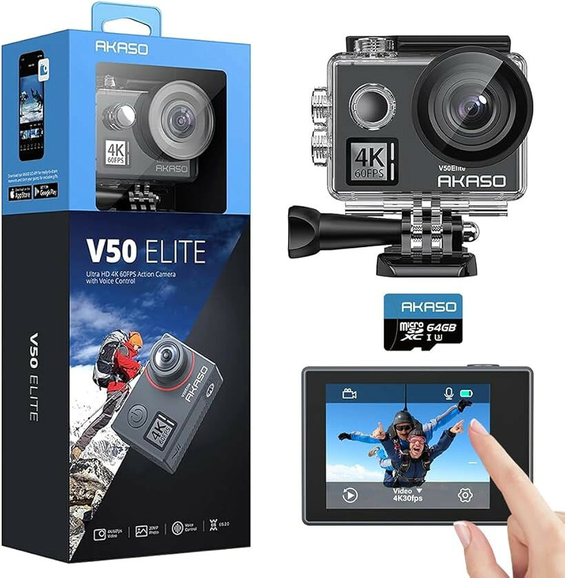 バリエーションコード : 2bjxnsi90g商品コード2bjxpxhs45商品名アクションカメラ 4k60fps V50Elite タッチスクリーン式 64GB WiFi搭載 音声制御 EIS手ぶれ補正 40M防水 水中カメラ リモコン付き アクションカムブランドAKASO「4K60fps＆2000万画素アクションカメラ」AKASO V50Eliteアクションカメラは4Kの画面解像度を対応し3840x2160ピクセルで高精細な映像を撮影する事ができます。更に、フレームレートが60fpsと向上している撮影性能で、かなり滑らかな映像を残すことが実現できます。更に、カメラが2000万画素の写真が撮れることで、動画も写真も多彩な瞬間を逃さない。「手ブレ補正機能＆8倍ズームアクションカメラ」このアクションカメラがEIS手ブレ補正機能を搭載されるため歩いたり走ったり、さまざまな揺れや衝撃が加わるシーンでもスムーズな動画を撮れます。サイクリングなど場合に自転車、バイクに設置し車載カメラとしても活用。更に、8倍ズーム対応し、遠く離れている場所の撮影も困りません。「水中にも超広角撮影できる水中カメラ」防水ケースを装着すると水深40Mまでの防水は問題ありません。雨の日に使えるのは勿論、ダイビングやスキー＆スノーボードなど場合も活躍。更に、カメラが170°広角レンズを搭載され、人間の目で見える範囲が撮影できる画角をしっかりと撮影できます。「Wi-Fi機能搭載転送便利＆遠隔操作できるアクションカメラ」専用アプリ「AKASO GO」をダウンロードして接続した後撮影した動画をスマホ転送してすぐにチャックでき、SNS にもシェアができます。同梱したワイヤレスリモコンを使い、カメラを手に持たずに自由に撮影できます。遠隔操作の距離：10M以内。「撮影の幅が広がるアクセサリー付属」AKASO V50Eliteは1050Mahx2大容量バッテリー、防水ケース、ベルト、マウントなど複数なアクセサリーを付属し、様々なシーンに合わせて取り付けられます。わざわざアクセサリーを別購入する悩みはありません。※ 他ネットショップでも併売しているため、ご注文後に在庫切れとなる場合があります。予めご了承ください。※ 品薄または希少等の理由により、参考価格よりも高い価格で販売されている場合があります。ご注文の際には必ず販売価格をご確認ください。※ 沖縄県、離島または一部地域の場合、別途送料の負担をお願いする場合があります。予めご了承ください。※ お使いのモニタにより写真の色が実際の商品の色と異なる場合や、イメージに差異が生じることがあります。予めご了承ください。※ 商品の詳細（カラー・数量・サイズ 等）については、ページ内の商品説明をご確認のうえ、ご注文ください。※ モバイル版・スマホ版ページでは、お使いの端末によっては一部の情報が表示されないことがあります。すべての記載情報をご確認するには、PC版ページをご覧ください。技術基準適合証明番号：214-114868「商品仕様」カラー グレーシリーズ名 V50シリーズブランド名 AKASOメーカー型番 V50 ElitemicroSDカード対応 有動画記録画素数 4K（3840x2160）手ブレ補正機能 有静止画有効画素数 2000万画素付属品 クイックマニュアルx1， 組み合わせ多様な場所に使用可能のアクセサリー， 1050mAhバッテリーx2， AKASO V50 Eliteアクションカメラx1， バッテリー充電器x1， リモコンx1防滴・防水機能 有バッテリー＊PSマーク取得済み製品＊製品型番：PG 1050届出事業者名：株式会社HaoPSマークの種類：PSE