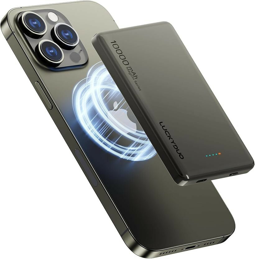 Magon モバイルバッテリー 10000mAh 12MM 軽量薄型 マグネット PD20W USB-c出力 ワイヤレス出力 15W for Android/7.5W LED残量表示 (ナチュラルチタニウム)