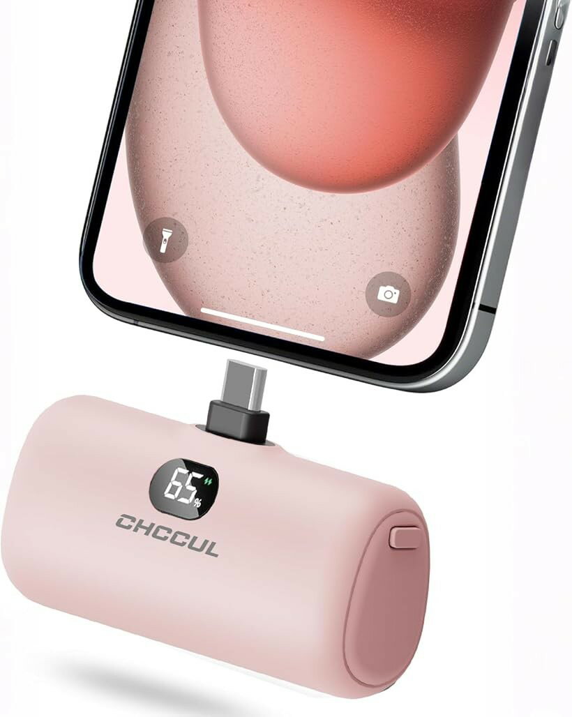 モバイルバッテリー 軽量 小型 5000mAh タイプc端子一体型20W PD急速充電/LCD残量表示/ライト付きコードレス コンパクト type コネクター内蔵 パススルー充電対応 機内持ち込み PSE認証済 (ピンク)