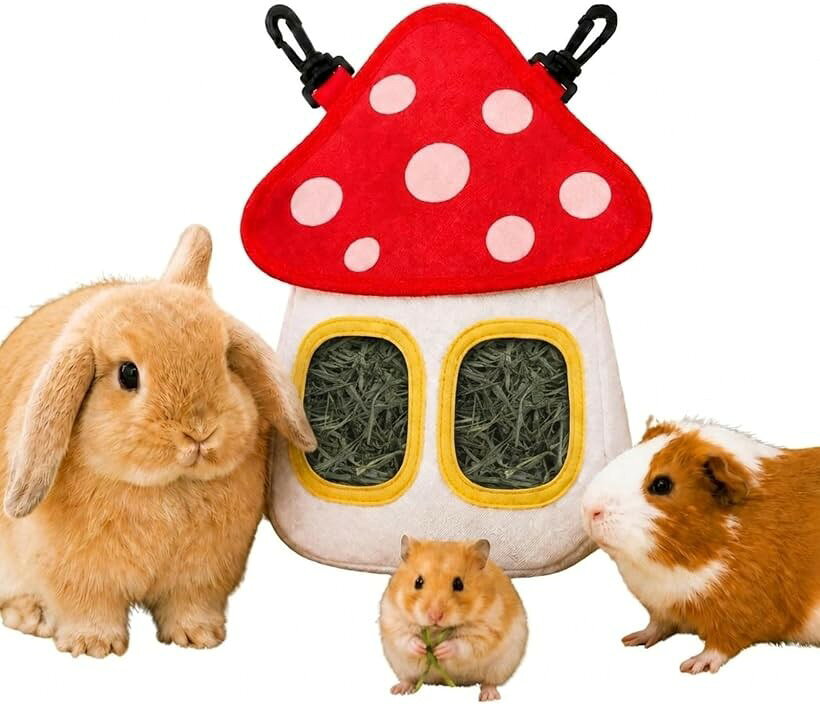 アスペルシオ うさぎ 牧草フィーダー 牧草入れ チモシー 干し草バッグ ハムスター 餌入れ 小動物 固定 かわいい ケージ用品 きのこ (きのこ(1個), FreeSize)