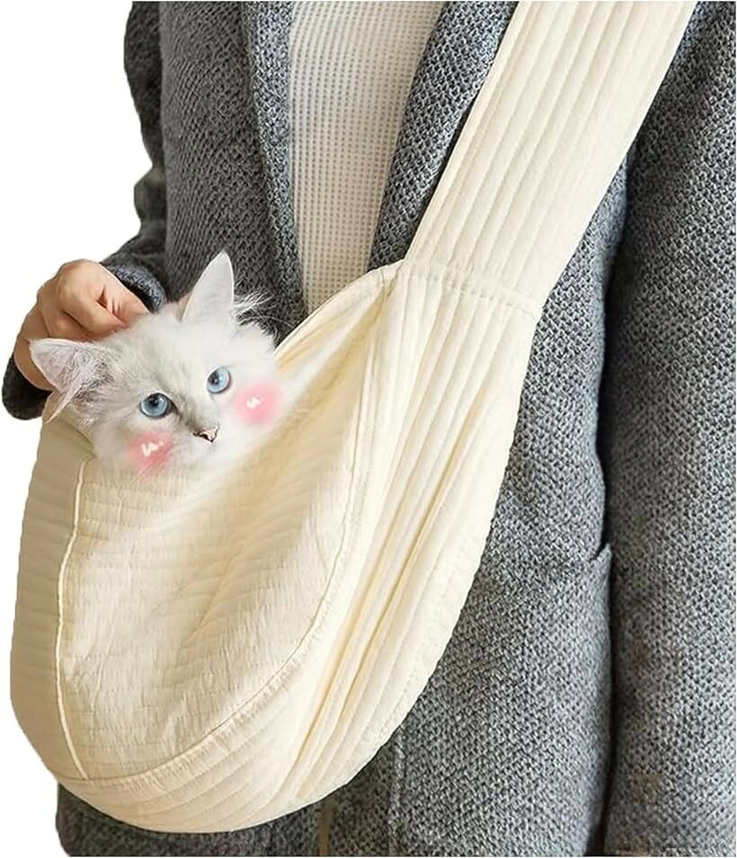 bellarinoペットスリング ペットキャリー 小型犬 猫用 ペット用 犬用 抱っこ紐 だっこひも スリングバッグ キャリーバッグ ペットバッグ コットン製 綿 肩パッド付き 飛び出し防止バンド付き (ホワイト, L)