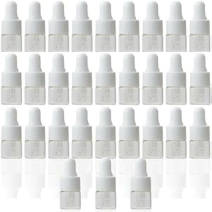 スポイト瓶 スポイトボトル ガラス製 1ml アロマオイル アロマ保存容器 白色 精油 香水 サンプル容器 小分け 詰替えボトル クラフト商材 (透明・白, 30本)