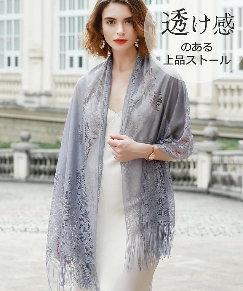 エムラインストアのレースが綺麗 結婚式に〇 ショール ストール スカーフ パーティー 二次会 大判 薄手 ボレロ 高見え 羽織 レディース (グレー)｜アングル2
