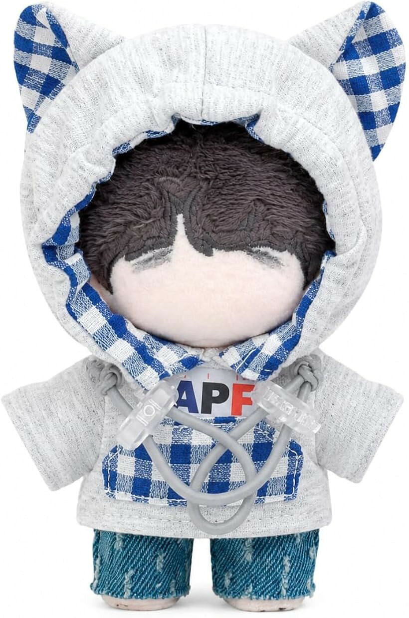 ぬい服 猫耳パーカー デニムパンツ ぬいぐるみ 人形 (A, 約10～15cm)
