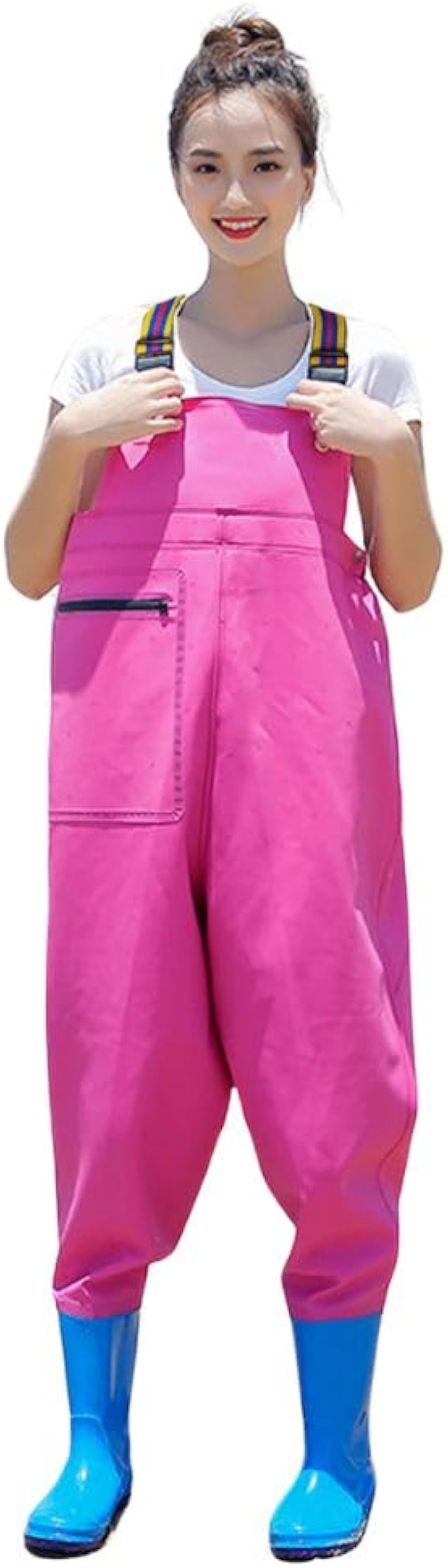 女性用 ウェーダー チェストハイウェーダー レディース 胴付き長靴 可愛い お洒落 ショルダーベルト 防水 怪我防止 釣り用スーツ 潮干狩り ポケット付き (ピンク, 23.5cm)