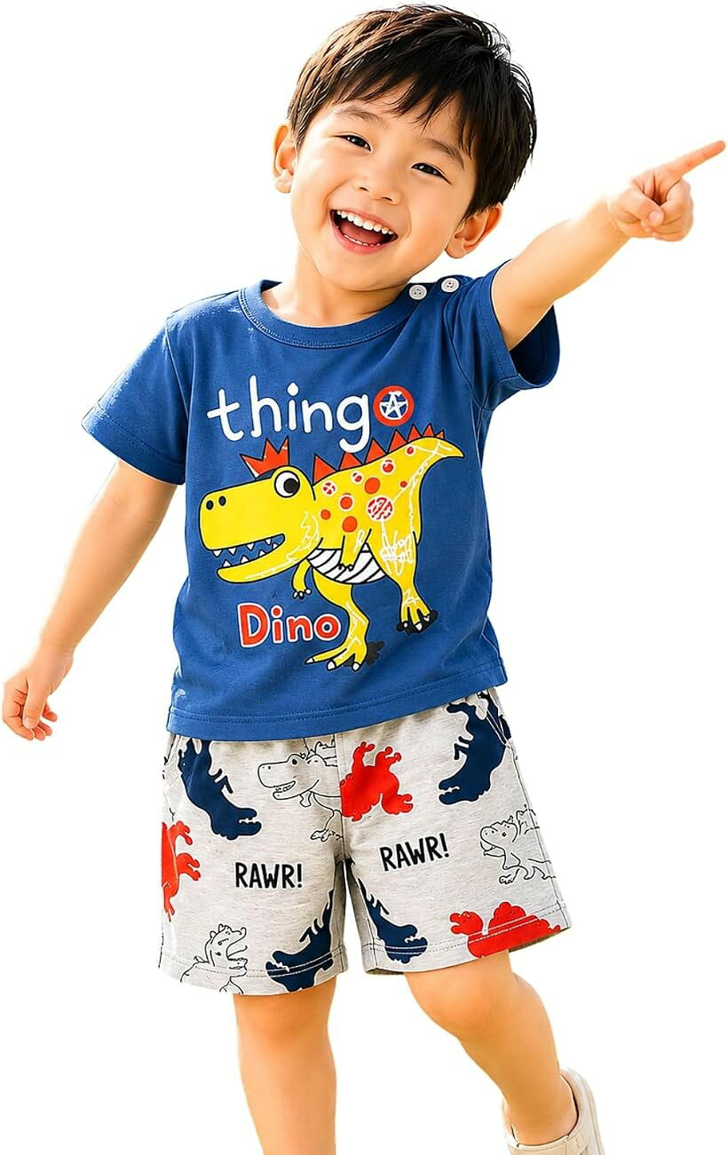 バリエーションコード : 2bkhxw6g6h商品コード2bkhx14v5y商品名キッズ 服 上下セット 半袖 Tシャツ ハーフパンツ 2点セット 子供服 男の子 女の子 恐竜 動物 トラ パンダ 乗り物 宇宙 夏物 パジャマ ルームウェア 通園ブランドKai La Naluカラー(3)きょうりゅう（ネイビー）サイズ等110「これ1つで夏コーデ完成。お得な上下2点セット」 元気に動き回るお子様に最適な「半袖Tシャツ」と「ハーフパンツ」のセットアップです。上下の組み合わせに迷うことなく、忙しい朝もサッと1着でお着替えが完了します。セットでの着用はもちろん、お手持ちのトップスやボトムスと合わせた単品での着回し力も抜群です。「肩ボタン2つ仕様 イヤイヤ期のお着替えもラクラク」 襟元には開閉しやすいスナップボタンを「2つ」配置しました（90 / 100 cm）。首回りがガバッと大きく開くため、小さなお子様でも頭が通りやすく、お着替え時のストレスを劇的に軽減。首元が伸びたりヨレたりするのを防ぎ、お気に入りの1着を長くキレイに保ちます。「子どものお気に入りがきっと見つかる。豊富な全13柄」 男の子も女の子も大興奮のポップで可愛いデザインを「13種類」ラインナップ。 (1)しまうま（グリーン）/ (2)きりん（イエロー）/ (3)きょうりゅう（ネイビー）/ (4)とら（イエロー）/ (5)ぱんだ（イエロー）/ (6)とらっく（オレンジ）/ (7)くるま（グリーン）/ (8)ろけっと（ブルー）/ (9)さる（イエロー）/ (10)ふね（ブルー）/ (11)あひる（レッド）/ (12)たくしー（ネイビー）/ (13)よんく（ホワイト）人気の恐竜、シマウマ・トラ・パンダ・サルなどの愛らしい動物シリーズ、働く車（トラック・バス）、ロマン溢れる宇宙柄など、バリエーション豊か。園から帰ってきた時のお着替え用にもぴったりです。「ストレスフリーな動きやすさ＆快適な着心地」 ハーフパンツのウエストは、お腹を締め付けすぎず優しくフィットする幅広のゴム仕様。通気性が良くサラッとした肌触りの素材を採用しているため、汗っかきなお子様でも1日中快適です。夏の普段着、通園・通学、お出かけにはもちろん、部屋着やパジャマ代わりにも大活躍します。「90cm～130cm展開。お揃いコーデやギフトにも」 サイズは「90 / 100 / 110 / 120 / 130 cm」の5サイズをご用意しました。ジャストサイズから、少しゆったり着られるワンサイズ上までお好みに合わせて選べます。成長の早いお子様へのプレゼントとしてはもちろん、兄弟・姉妹、お友達同士での「お揃い・色違いコーデ」にもおすすめです。※ 他ネットショップでも併売しているため、ご注文後に在庫切れとなる場合があります。予めご了承ください。※ 品薄または希少等の理由により、参考価格よりも高い価格で販売されている場合があります。ご注文の際には必ず販売価格をご確認ください。※ 沖縄県、離島または一部地域の場合、別途送料の負担をお願いする場合があります。予めご了承ください。※ お使いのモニタにより写真の色が実際の商品の色と異なる場合や、イメージに差異が生じることがあります。予めご了承ください。※ 商品の詳細（カラー・数量・サイズ 等）については、ページ内の商品説明をご確認のうえ、ご注文ください。※ モバイル版・スマホ版ページでは、お使いの端末によっては一部の情報が表示されないことがあります。すべての記載情報をご確認するには、PC版ページをご覧ください。素材　コットン