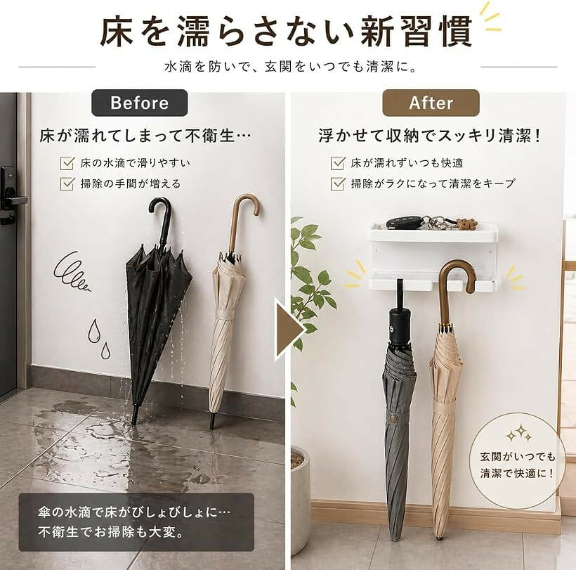 エムラインストアのマグネット 傘立て 多機能 収納 トレー付き シンプル モダン おしゃれ コンパクト 工具不要 1個 (ホワイト, 横20cm 縦9.5cm 奥行き7cm)｜アングル2