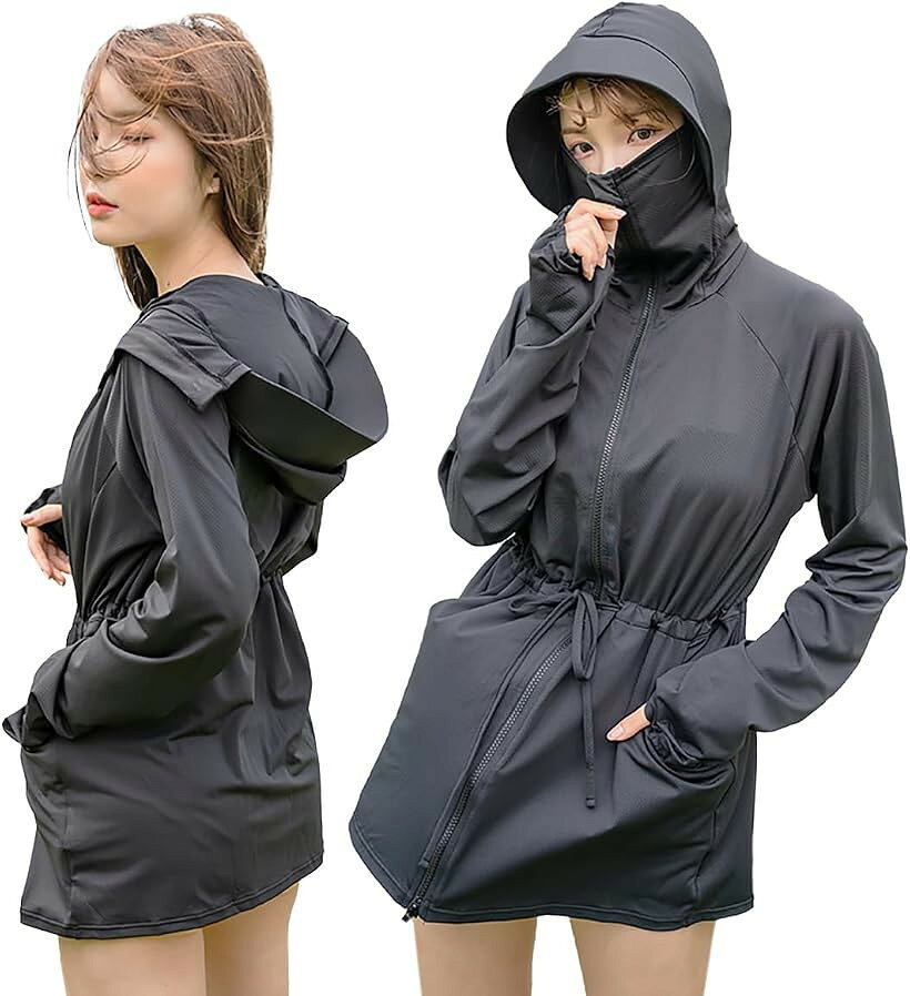 UVカットパーカー ラッシュガード レディース 丈長め 顔まで ジップ つば付き 日焼け防止 速乾 通気性 ロング 長袖 体型カバー 水着 フード (ブラック, S)