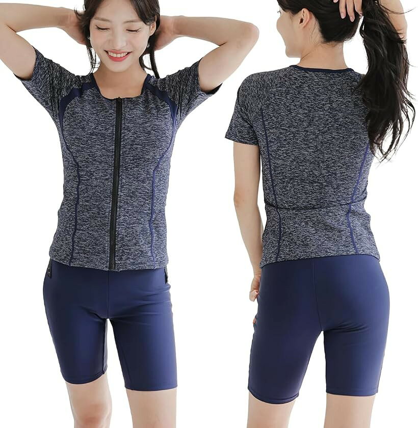 大きいサイズ フィットネス 水着 レディース セパレート 半袖 上下セット めくれ防止 スクール UVカット ファスナー 袖付 体型カバー カップ付 (ネイビー, 3L) mlinestore-10273806 エムラインストア パッケージ画像