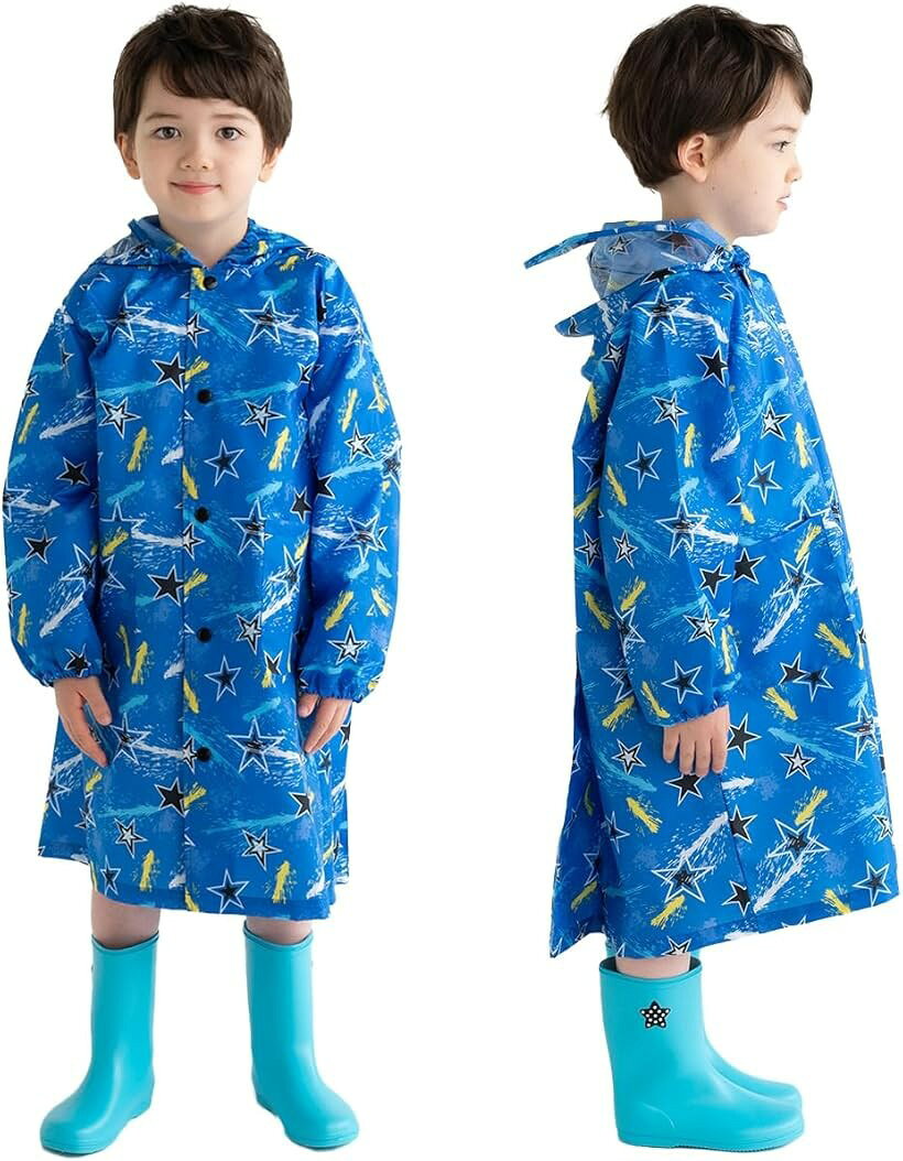 レインコート キッズ 雨具 レインウエア カッパ ランドセル対応 男の子 女の子 子供 通園 通学 収納バッグ付き 撥水 軽量 (ブルー・スター, 130)