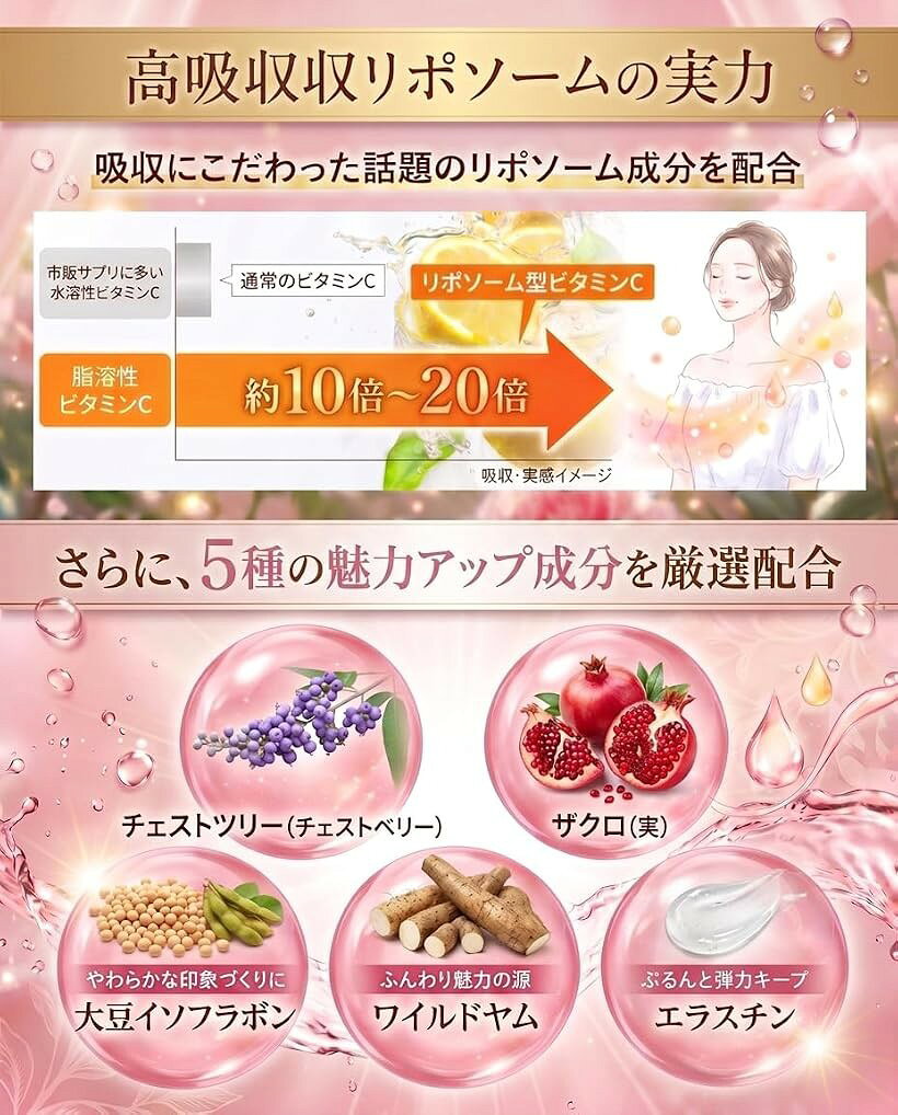 エムラインストアのふわぷるアップ 大豆イソフラボン リポソーム ワイルドヤム エラスチン ザクロ チェストツリー 栄養機能食品 ビタミンC (1袋入り)｜アングル3