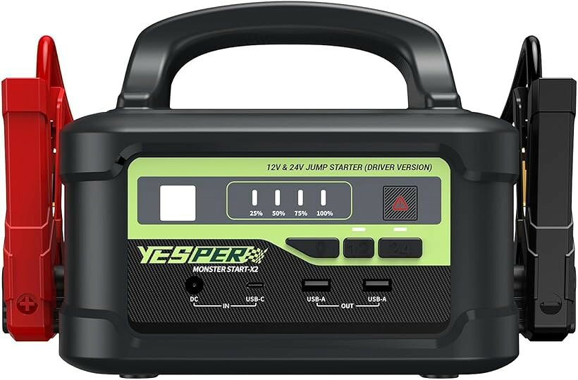 バリエーションコード : 2b9lsf4h9s商品コード2b90nxfd9g商品名ジャンプスターター 12V/24V車用 プロ 大型トラック対応 122500mAh 8000Aピーク電流 車用エンジンスターター ガソリン/ディーゼル車対応 バッテリーあがりの救世主 モバイルバッテリー LEDライト搭載 車緊急始動 安全保護機能付き PSE認証 取扱説明書ブランドYESPERサイズ等122500 mAh「トラックバッテリーの救世主」122500mAhの超大容量、8000Aピーク電流のパワーのジャンプスターター。超大容量は一度充電して複数台車始動可、フル充電で12V車両バッテリーは最大175回、24V車両バッテリーは最大135回始動可能です。バイク、乗用車から大型トラック、バス、建機、農機、船舶まででも楽々サポート。4ステップで簡単にジャンプスタート: 1. 本体バッテリーの電量を確認。2. クランプを車のバッテリーの (+) プラス端子と (-) マイナス端子に取り付け。3. エンジン始動。4. クランプを30秒以内に取り外し。多くのエンジンの緊急始動に対応でき、万が一のバッテリー上がりでも安心「12V/24V兼用ジャンプスターター 」12Vのすべてのガソリン車とディーゼル車に対応可能。24V車であれば560hpまでの車両バッテリーのジャンプスタートに対応します。さらに、接続した車のバッテリーを本体のセンサーで、12V・24Vを自動で判別し、最適な電圧で出力します。10つの安全保護機能搭載：ショート保護、過電流保護、過充電保護、過熱保護、過放電保護、過電圧保護、極低電力保護、AIソフトウェア保護、逆極性保護、逆電流保護。火花やパチっとなることがなく、安全に使用することが出来ます「ハンドル付きの考え抜かれたデザイン」6KGの重さでありながら丈夫なハンドルが付いて、持ち運びが便利です。アウトドア活動やキャンプ、旅行、災害・緊急時など様々なシーンで大活躍「耐久性と広範囲な動作温度」60C高レートバッテリーと厳格な工程管理によって生産された最新の超大容量のジャンプスターターは、1000回以上のサイクル寿命（100％のDOD）、100Aの連続充電/放電電流、優れた耐久性を誇ります。また、広範囲温度で動作が可能で、-40℃の厳しい寒冷地から60℃高温地まで、さまざまな気候条件下でも安定動作が可能になります「モバイルバッテリ機能＆LEDライト搭載 」USB1: 5V/1AとUSB2: 5V/2.4Aの2つのUSB出力ポート搭載して、スマホ、カメラ、タブレットなどUSB電子製品を急速充電できます。DC 29V/5A急速充電入力付き、専用 AC アダプターを使用してホストを 3.5 時間でフル充電できます。LEDライトには照明モード、スロットモード、SOSモードの3つのモードがあり、約453時間の連続点灯が可能で、屋内外の夜間作業、夜釣り、キャンプなどの屋外照明にも適しています※ 他ネットショップでも併売しているため、ご注文後に在庫切れとなる場合があります。予めご了承ください。※ 品薄または希少等の理由により、参考価格よりも高い価格で販売されている場合があります。ご注文の際には必ず販売価格をご確認ください。※ 沖縄県、離島または一部地域の場合、別途送料の負担をお願いする場合があります。予めご了承ください。※ お使いのモニタにより写真の色が実際の商品の色と異なる場合や、イメージに差異が生じることがあります。予めご了承ください。※ 商品の詳細（カラー・数量・サイズ 等）については、ページ内の商品説明をご確認のうえ、ご注文ください。※ モバイル版・スマホ版ページでは、お使いの端末によっては一部の情報が表示されないことがあります。すべての記載情報をご確認するには、PC版ページをご覧ください。＊PSマーク取得済み製品＊製品型番：Monster Start X2届出事業者名：合同会社華佳商事PSマークの種類：PSE