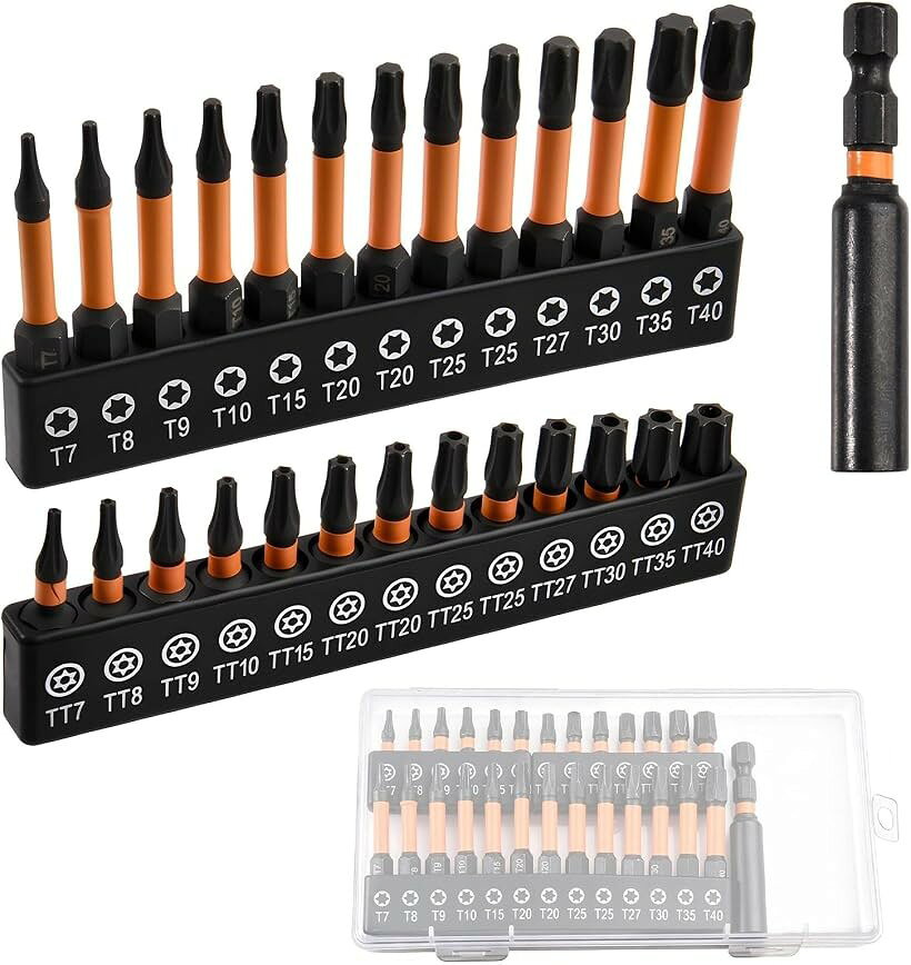商品コード2bkf1lt5lo商品名27点セット セキュリティトルクスビットセット T7～TT40 インパクトスタービット S2鋼製 改ざん防止ドライバービットセットブランドLEONTOOLカラーオレンジ豊富なサイズ展開：この27点セットには、1インチ（1「）のセキュリティビット（TT7～TT40）13本、2インチ（2」）のビット（T7～T40）13本、および60mmのマグネット式エクステンションホルダーが含まれています。一般的な耐不正開封性ファスナーの幅広いニーズに対応しており、整理整頓して持ち運びができ、すぐに取り出せるコンパクトな収納ケースも付属しています。工業用グレードの構造：高強度のS2鋼製ビットと頑丈なクロムバナジウム（CR-V）鋼製ソケットを採用し、各工具にはマンガンリン酸塩コーティング処理が施されています。この専門的な処理により、耐摩耗性とトルク耐性が向上するとともに、過酷な使用環境下でも錆や表面の劣化を効果的に防ぎます。拡張型ディープアクセス：6インチの超長シャフトにより、標準的なソケットでは届かない狭く、窮屈な、あるいは障害物のある場所にも容易にアクセスできます。この延長設計により、手の届きにくいエンジン部品や産業機械の締結部品に直接アクセスできるため、機械的効率が大幅に向上します。ねじり応力緩和：専用のねじりゾーンを設計したこれらのビットは、高トルクの衝撃応力を効果的に分散させ、破損のリスクを抑えます。この先進的な設計により、電動ドリル、インパクトドライバー、手動工具を使用した高負荷の作業にも適しています。多彩なプロジェクトに対応：電動ドライバーや手工具と互換性のあるこのオレンジ色のセットは、家具の組み立て、木工プロジェクト、自動車の修理、一般的な機械のメンテナンスに欠かせないアイテムです。プロの施工業者からDIY愛好家まで、あらゆるユーザーに信頼できるソリューションを提供します。※ 他ネットショップでも併売しているため、ご注文後に在庫切れとなる場合があります。予めご了承ください。※ 品薄または希少等の理由により、参考価格よりも高い価格で販売されている場合があります。ご注文の際には必ず販売価格をご確認ください。※ 沖縄県、離島または一部地域の場合、別途送料の負担をお願いする場合があります。予めご了承ください。※ お使いのモニタにより写真の色が実際の商品の色と異なる場合や、イメージに差異が生じることがあります。予めご了承ください。※ 商品の詳細（カラー・数量・サイズ 等）については、ページ内の商品説明をご確認のうえ、ご注文ください。※ モバイル版・スマホ版ページでは、お使いの端末によっては一部の情報が表示されないことがあります。すべての記載情報をご確認するには、PC版ページをご覧ください。T7からTT40までのサイズを網羅したこのセットには、電子機器、家電製品、自動車用途で一般的に使用されるセキュリティネジに対応する、改ざん防止仕様のスタービットが含まれています。各ビットは高品質なS2鋼で作られており、高トルク条件下でも卓越した硬度と耐久性を発揮します。革新的なトーションゾーンが衝撃エネルギーを吸収し、ビットの破損リスクを低減するとともに、各ビットの寿命を延ばします。1インチと2インチの2種類の長さが用意されており、様々な作業環境やネジの深さに対応する汎用性を備えています。付属の60mmマグネット式エクステンションソケットは、作業範囲を広げ、使用中にネジをしっかりと固定します。全27本のビットは頑丈な収納ボックスに整理整頓されており、必要なビットを素早く見つけられるだけでなく、ツールキットをきれいに保つことができます。プロの職人の方から熱心なDIY愛好家の方まで、このセットは厳しい作業条件にも耐える性能と利便性を提供します。