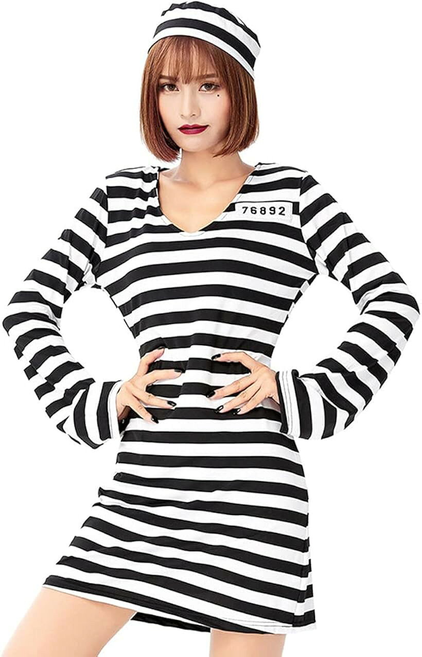 囚人服 コスプレ レディース ハロウィン コスチューム ボーダー 仮装 白黒 XL (XL)