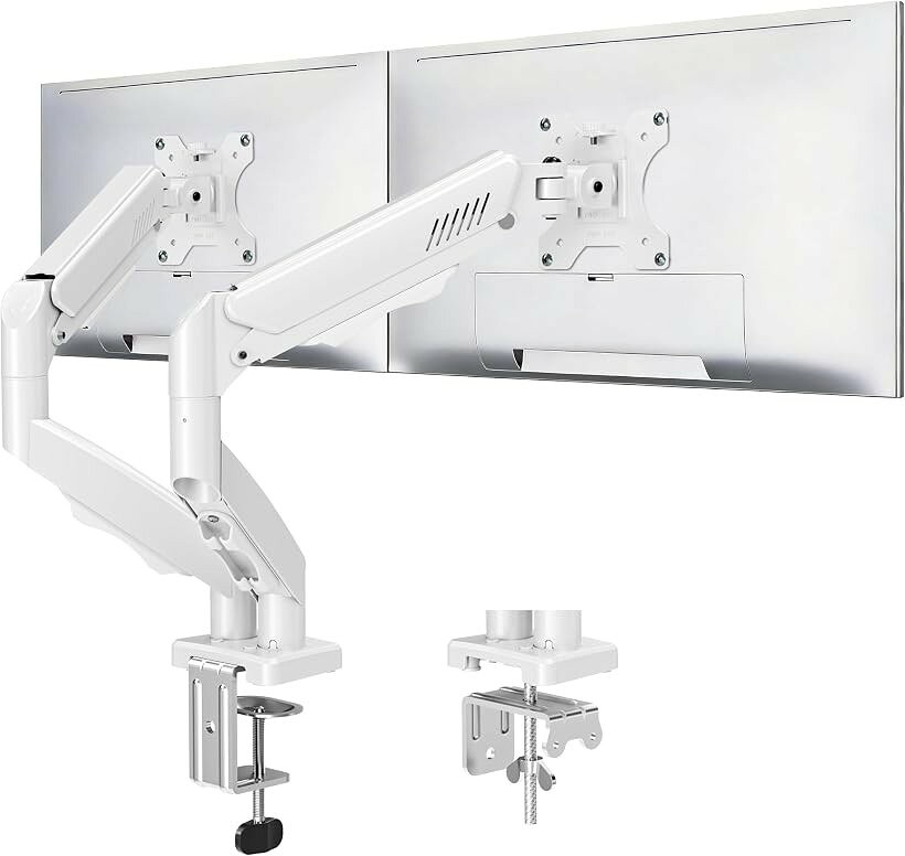 モニターアーム デュアル 耐荷重2～8kg 32インチ対応 液晶ディスプレイアーム 2画面 白 ガス圧式 クランプ グロメット式 VESA対応 75x75mm 100x100mm (ホワイト, 2画面)