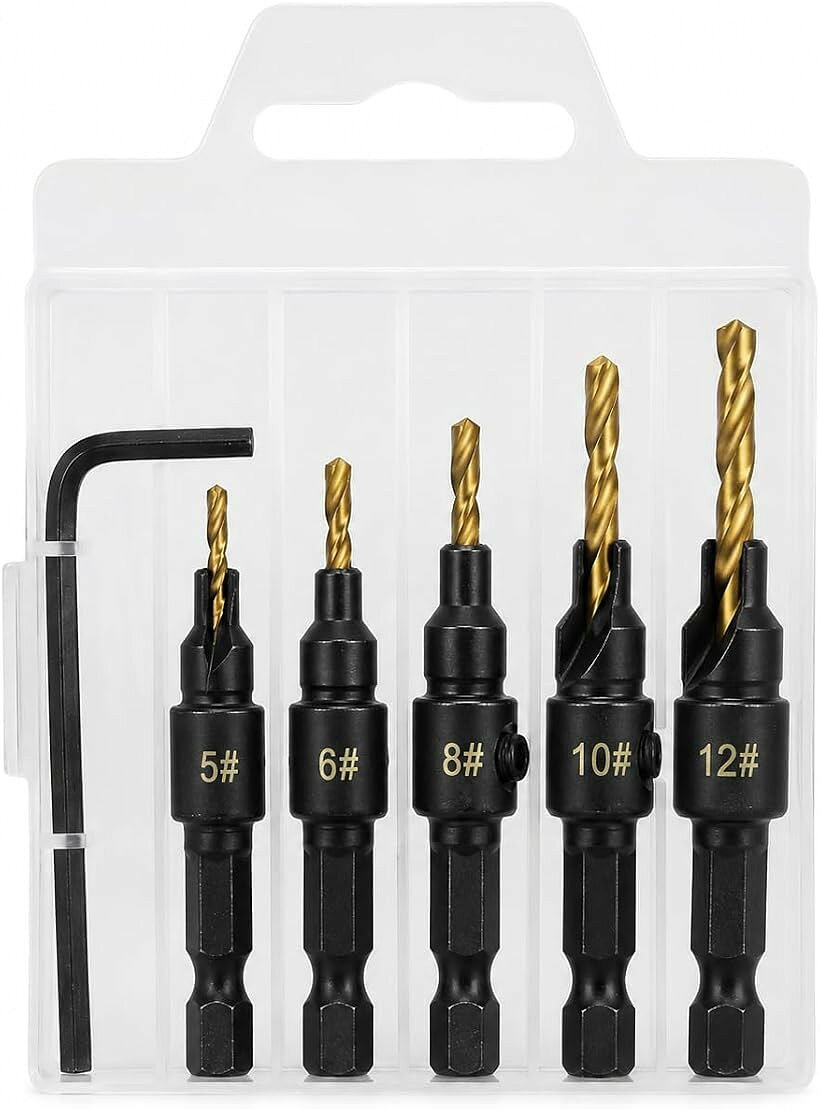 木工用 皿取錐ドリルビットセット 5本組 下穴・皿穴加工対応 1/4インチ六角軸 DIY 家具製作用 (ゴールド)