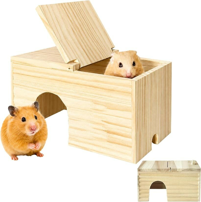ハムスター ハウス 家 木製 隠れ家 小屋 天然木 巣箱 小動物 モルモット ハリネズミ うさぎ 屋根が開く 掃除しやすい 通気 おしゃれ 寝床 ケージ (ナチュラル, ハウス単品)