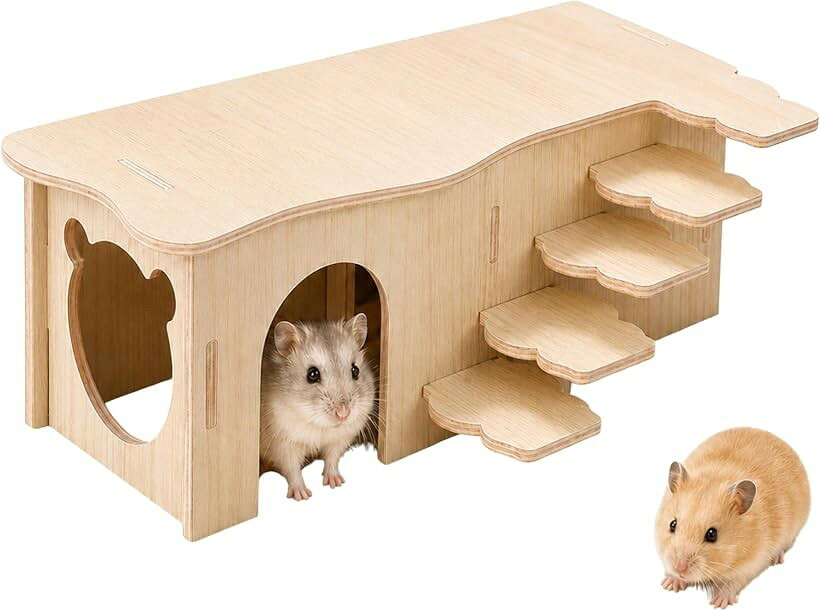 ハムスター ハウス 家 木製 2部屋 階段付き 隠れ家 小屋 天然木 巣箱 小動物 迷路 アスレチック 運動不足解消 おしゃれ ハリネズミ モルモット うさぎ 寝床 (ナチュラル, 約27x15x10.5cm)