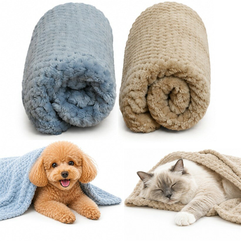 2026年新モデル 犬 猫 ふわもち ブランケット 毛布 薄手 軽量 速乾 高耐久 取扱説明書付 (ロイヤルブルー/シャンパンベージュ, L 2枚セット)