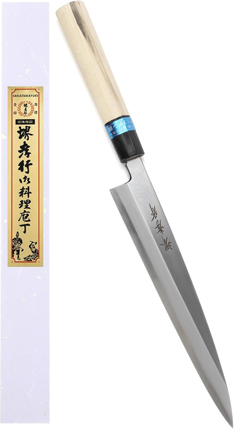 堺孝行 600年の継承技術。プロの料理人が愛用INOX和包丁 正夫包丁 210mm 日本製 刺身 柳刃包丁 モリブデン鋼 朴水牛柄 専用箱入り (シルバー, 210mm)