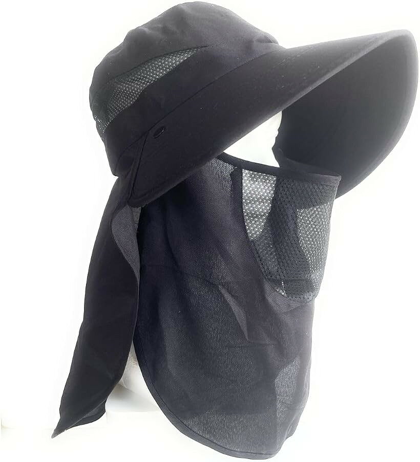 フィッシングハット 3Way 360度UVカット 広ツバ フェイスカバー付き (ブラック, Free Size-5X)
